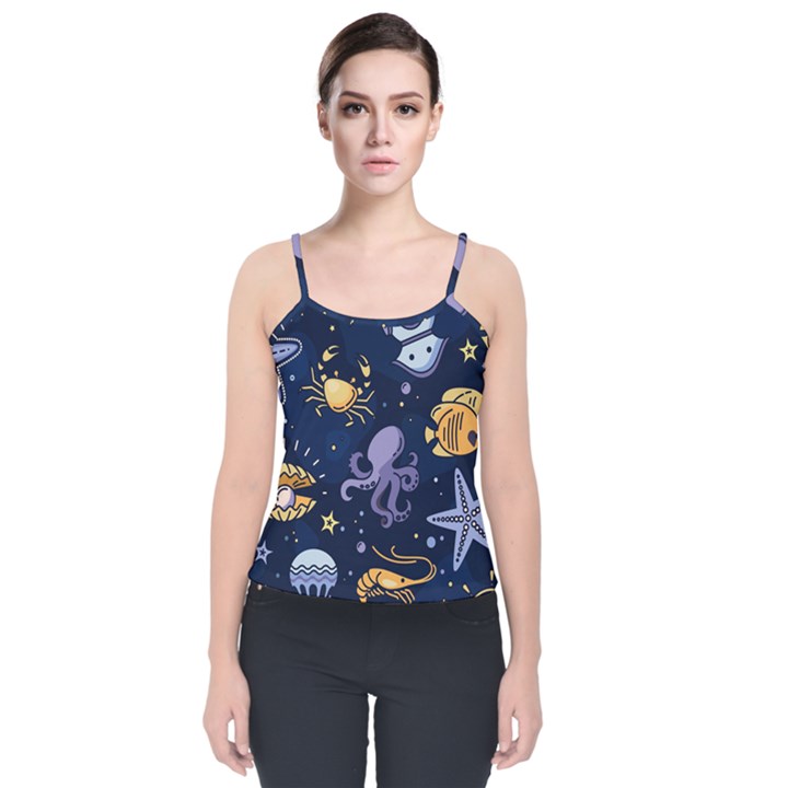 Marine Seamless Pattern Thin Line Memphis Style Velvet Spaghetti Strap Top