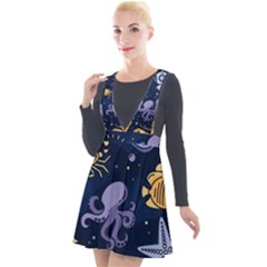 Marine Seamless Pattern Thin Line Memphis Style Plunge Pinafore Velour Dress by Ket1n9