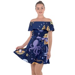 Marine Seamless Pattern Thin Line Memphis Style Off Shoulder Velour Dress by Ket1n9