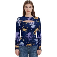 Marine Seamless Pattern Thin Line Memphis Style Women s Cut Out Long Sleeve T-shirt by Ket1n9