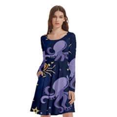 Marine Seamless Pattern Thin Line Memphis Style Long Sleeve Knee Length Skater Dress With Pockets by Ket1n9