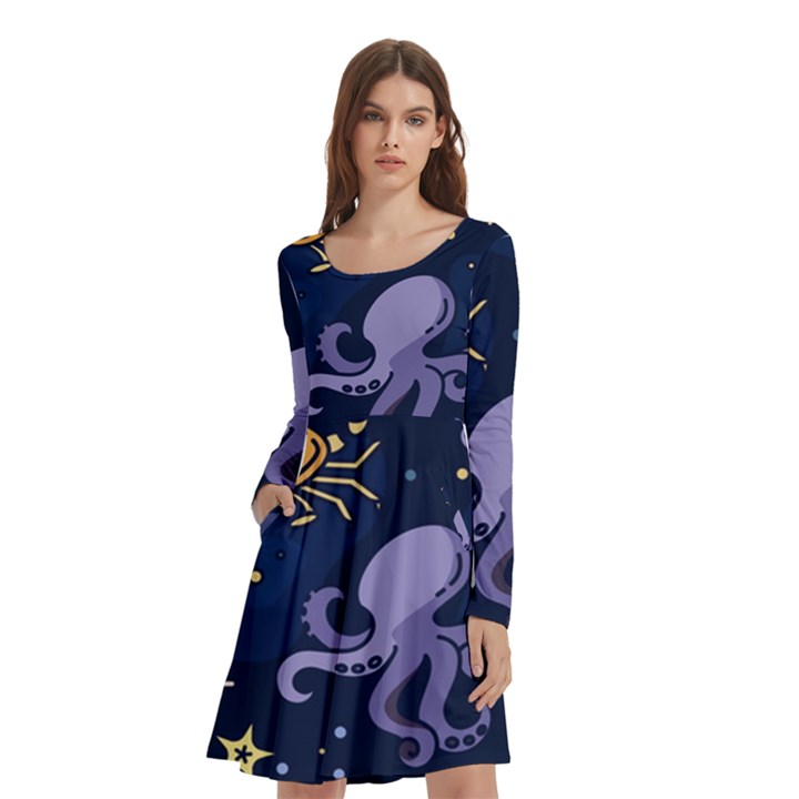 Marine Seamless Pattern Thin Line Memphis Style Long Sleeve Knee Length Skater Dress With Pockets