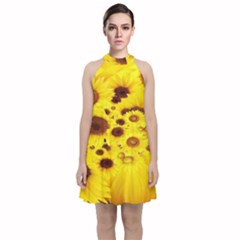 Beautiful Sunflowers Velvet Halter Neckline Dress 