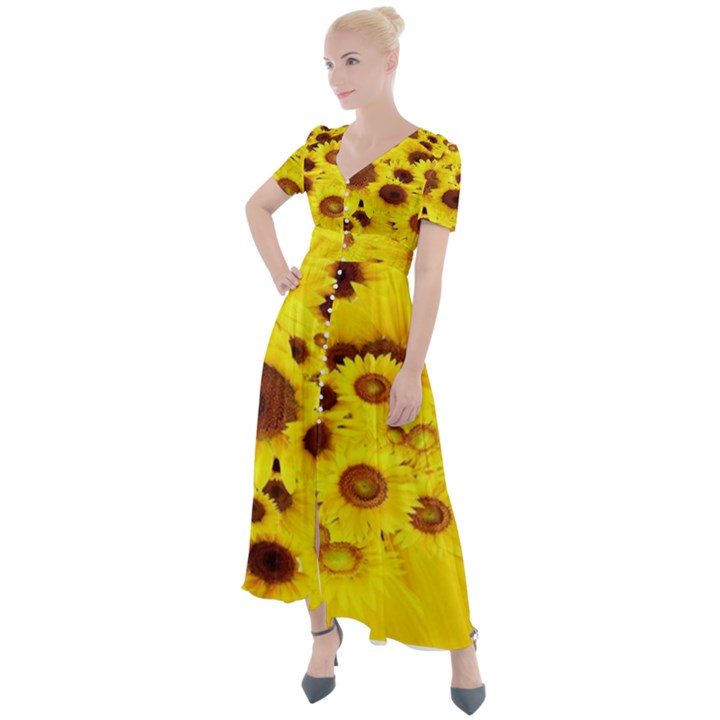 Beautiful Sunflowers Button Up Short Sleeve Maxi Dress