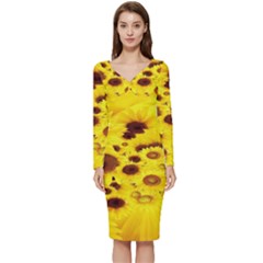 Beautiful Sunflowers Long Sleeve V-neck Bodycon Dress  by Ket1n9