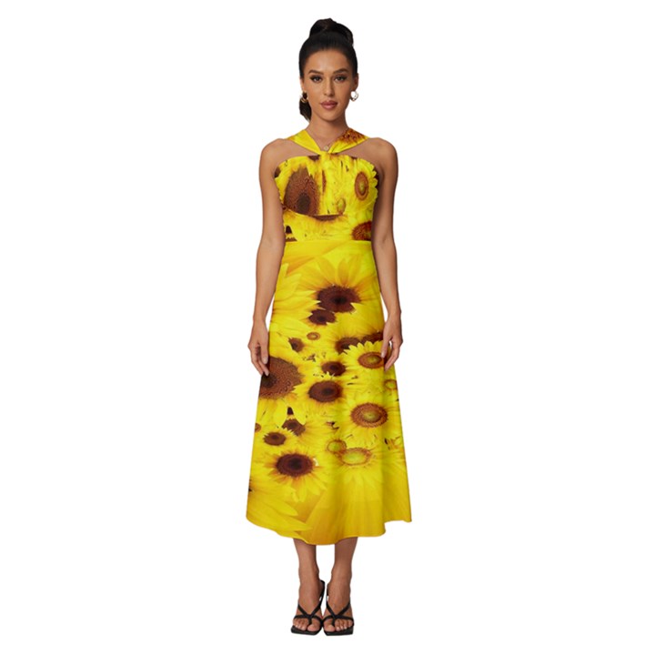 Beautiful Sunflowers Sleeveless Cross Front Cocktail Midi Chiffon Dress