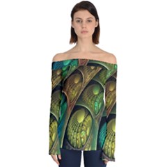 Psytrance Abstract Colored Pattern Feather Off Shoulder Long Sleeve Top by Ket1n9