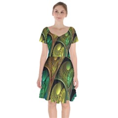 Psytrance Abstract Colored Pattern Feather Short Sleeve Bardot Dress by Ket1n9