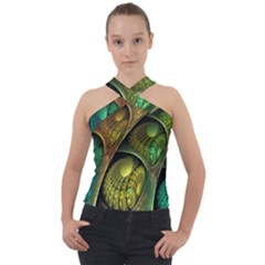 Psytrance Abstract Colored Pattern Feather Cross Neck Velour Top by Ket1n9