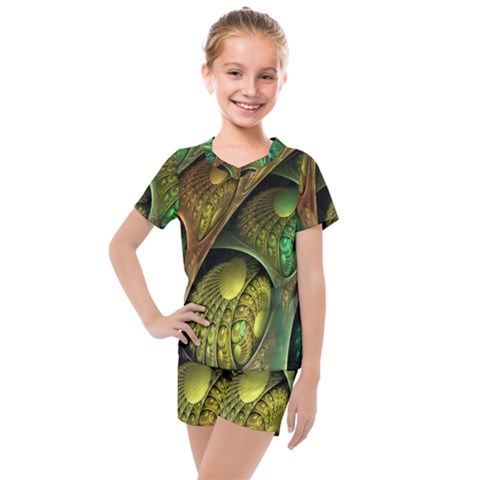 Psytrance Abstract Colored Pattern Feather Kids  Mesh T-shirt And Shorts Set by Ket1n9