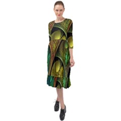 Psytrance Abstract Colored Pattern Feather Ruffle End Midi Chiffon Dress by Ket1n9