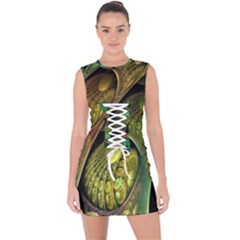 Psytrance Abstract Colored Pattern Feather Lace Up Front Bodycon Dress by Ket1n9