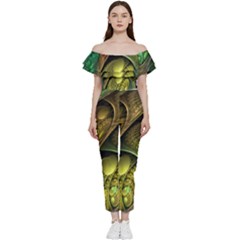 Psytrance Abstract Colored Pattern Feather Bardot Ruffle Jumpsuit by Ket1n9