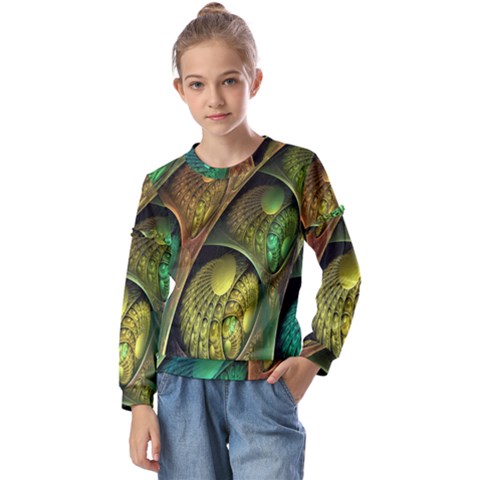 Psytrance Abstract Colored Pattern Feather Kids  Long Sleeve T-shirt With Frill  by Ket1n9