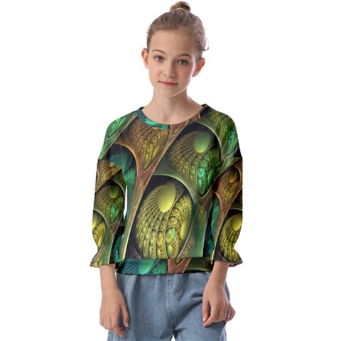 Psytrance Abstract Colored Pattern Feather Kids  Cuff Sleeve Top by Ket1n9