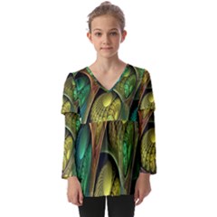 Psytrance Abstract Colored Pattern Feather Kids  V Neck Casual Top by Ket1n9