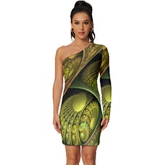 Psytrance Abstract Colored Pattern Feather Long Sleeve One Shoulder Mini Dress by Ket1n9