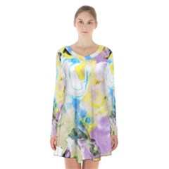 Watercolour Watercolor Paint Ink Long Sleeve Velvet V-neck Dress