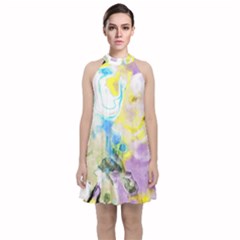 Watercolour Watercolor Paint Ink Velvet Halter Neckline Dress 