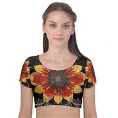 Pattern Decoration Background Velvet Short Sleeve Crop Top 