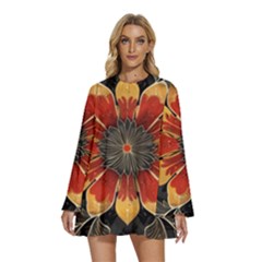 Pattern Decoration Background Round Neck Long Sleeve Bohemian Style Chiffon Mini Dress by Loisa77