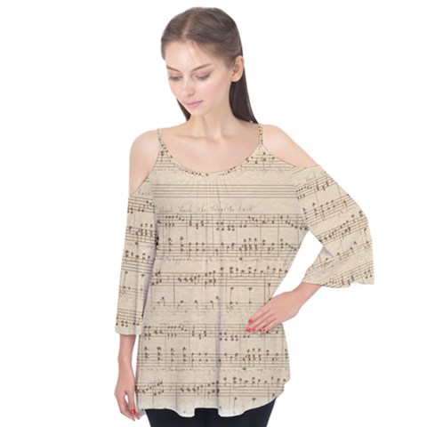 Vintage Beige Music Notes Flutter Sleeve T-shirt by Loisa77