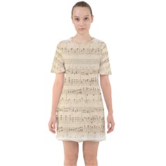 Vintage Beige Music Notes Sixties Short Sleeve Mini Dress by Loisa77