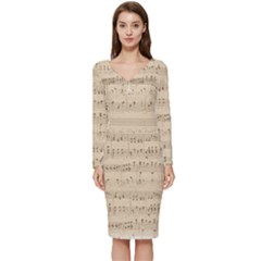 Vintage Beige Music Notes Long Sleeve V-neck Bodycon Dress  by Loisa77