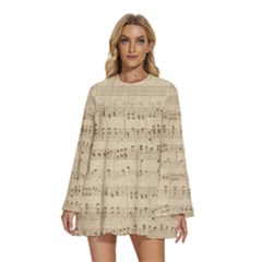 Vintage Beige Music Notes Round Neck Long Sleeve Bohemian Style Chiffon Mini Dress by Loisa77