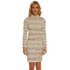 Vintage Beige Music Notes Long Sleeve Shirt Collar Bodycon Dress by Loisa77