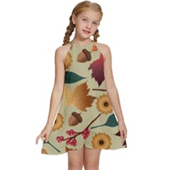 Autumn Leaves Autumn Colour Season Kids  Halter Collar Waist Tie Chiffon Dress