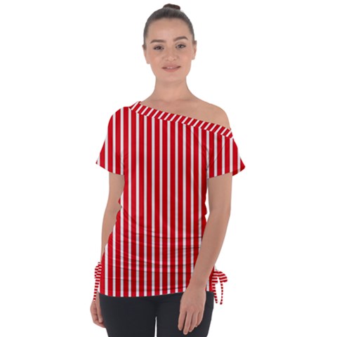 Strip Red White Pattern Off Shoulder Tie-up T-shirt by Loisa77