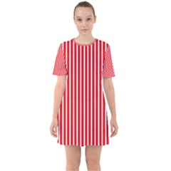 Strip Red White Pattern Sixties Short Sleeve Mini Dress by Loisa77