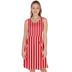 Strip Red White Pattern Knee Length Skater Dress With Pockets by Loisa77