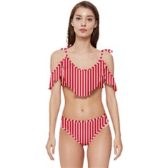 Strip Red White Pattern Ruffle Edge Tie Up Bikini Set	 by Loisa77