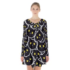 Cat Pattern Pet Drawing Eyes Long Sleeve Velvet V-neck Dress