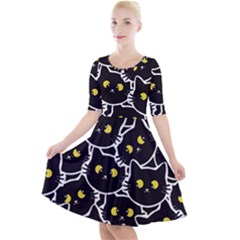 Cat Pattern Pet Drawing Eyes Quarter Sleeve A-line Dress With Pockets by Loisa77