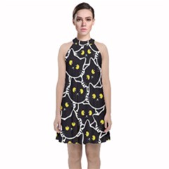 Cat Pattern Pet Drawing Eyes Velvet Halter Neckline Dress 