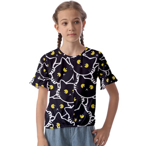 Cat Pattern Pet Drawing Eyes Kids  Cuff Sleeve Scrunch Bottom T-shirt by Loisa77