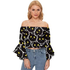 Cat Pattern Pet Drawing Eyes Off Shoulder Flutter Bell Sleeve Top by Loisa77