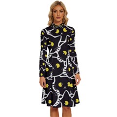 Cat Pattern Pet Drawing Eyes Long Sleeve Shirt Collar A-line Dress by Loisa77