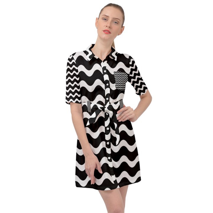 Wave Pattern Wavy Halftone Belted Shirt Dress