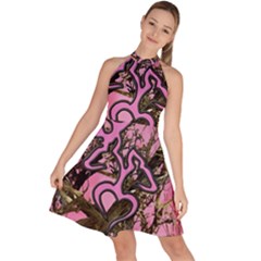 Pink Browning Deer Glitter Camo Camouflage Sleeveless Halter Neck A-line Dress