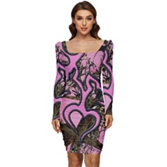 Pink Browning Deer Glitter Camo Camouflage Women Long Sleeve Ruched Stretch Jersey Dress by Loisa77