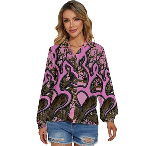 Pink Browning Deer Glitter Camo Camouflage Women s Long Sleeve Button Up Shirt by Loisa77