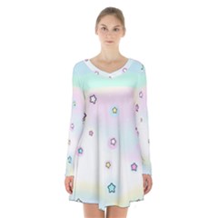 Stars Cute Pastel Pattern Rainbow Long Sleeve Velvet V-neck Dress