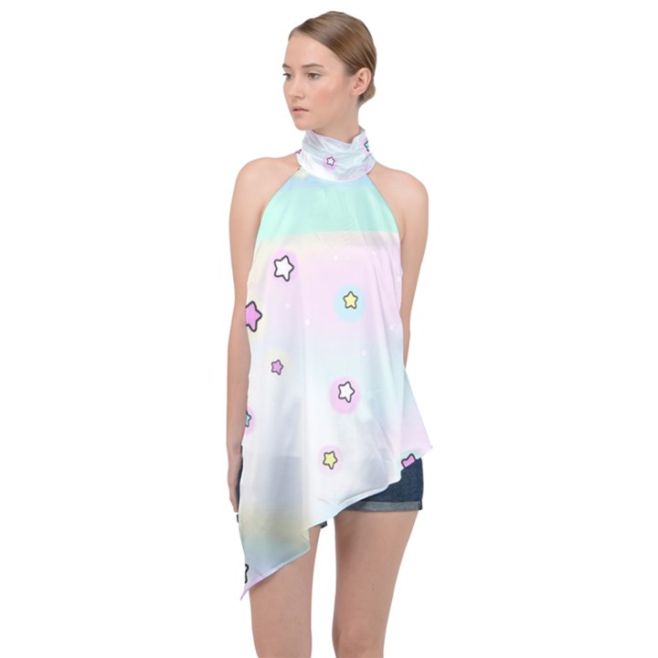 Stars Cute Pastel Pattern Rainbow Halter Asymmetric Satin Top