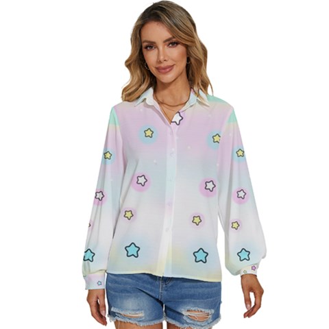 Stars Cute Pastel Pattern Rainbow Women s Long Sleeve Button Up Shirt by Loisa77