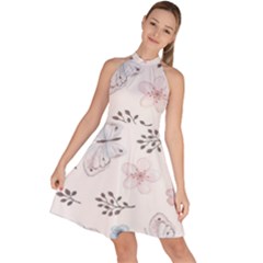 Butterflies Cute Flower Pastel Pattern Sleeveless Halter Neck A-line Dress