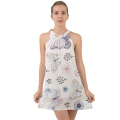 Butterflies Cute Flower Pastel Pattern Halter Tie Back Chiffon Dress